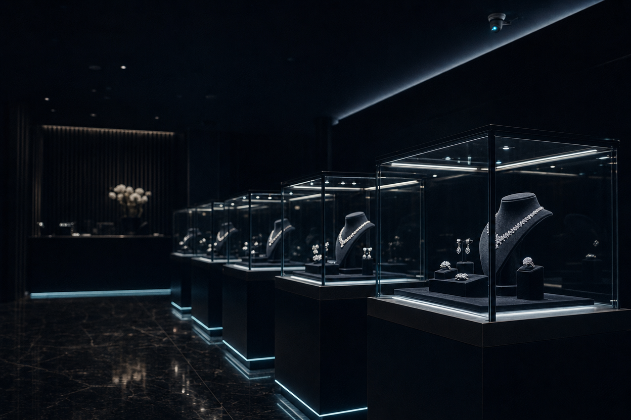 Jewellery boutique interior at night, glass cases glowing