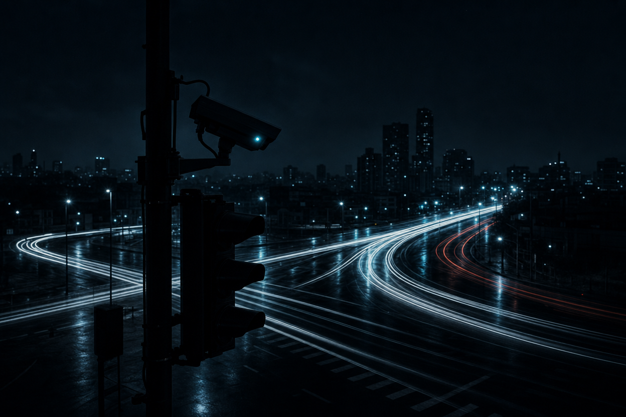 Night intersection with traffic-signal camera pole and light trails