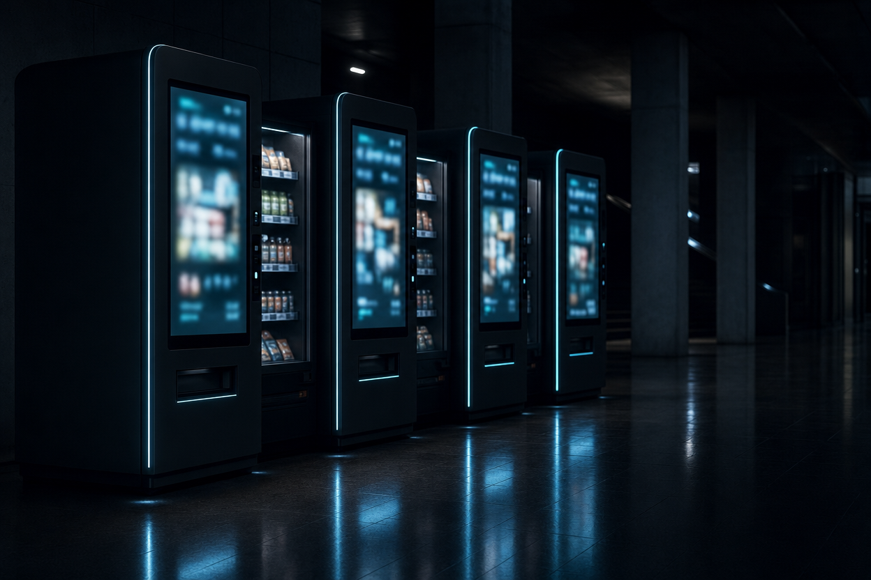 Row of smart vending machines glowing in a dark transit hub