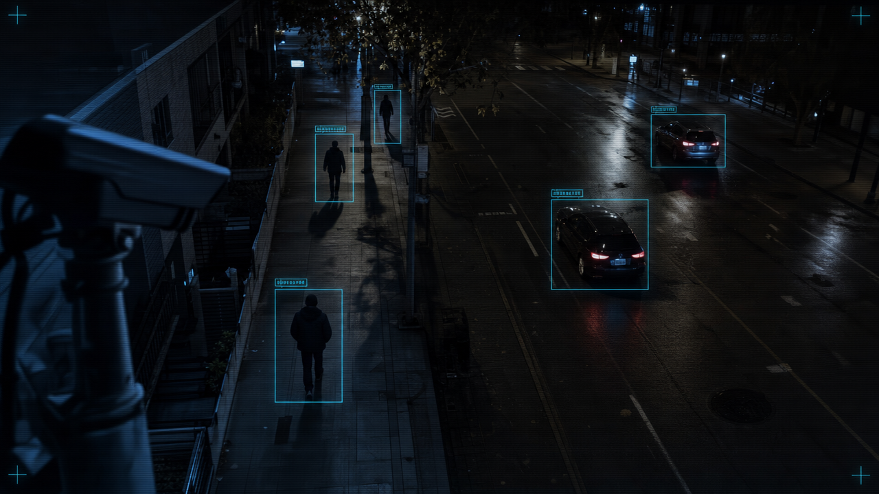 Night CCTV street scene with cyan AI bounding boxes tracking pedestrians and vehicles